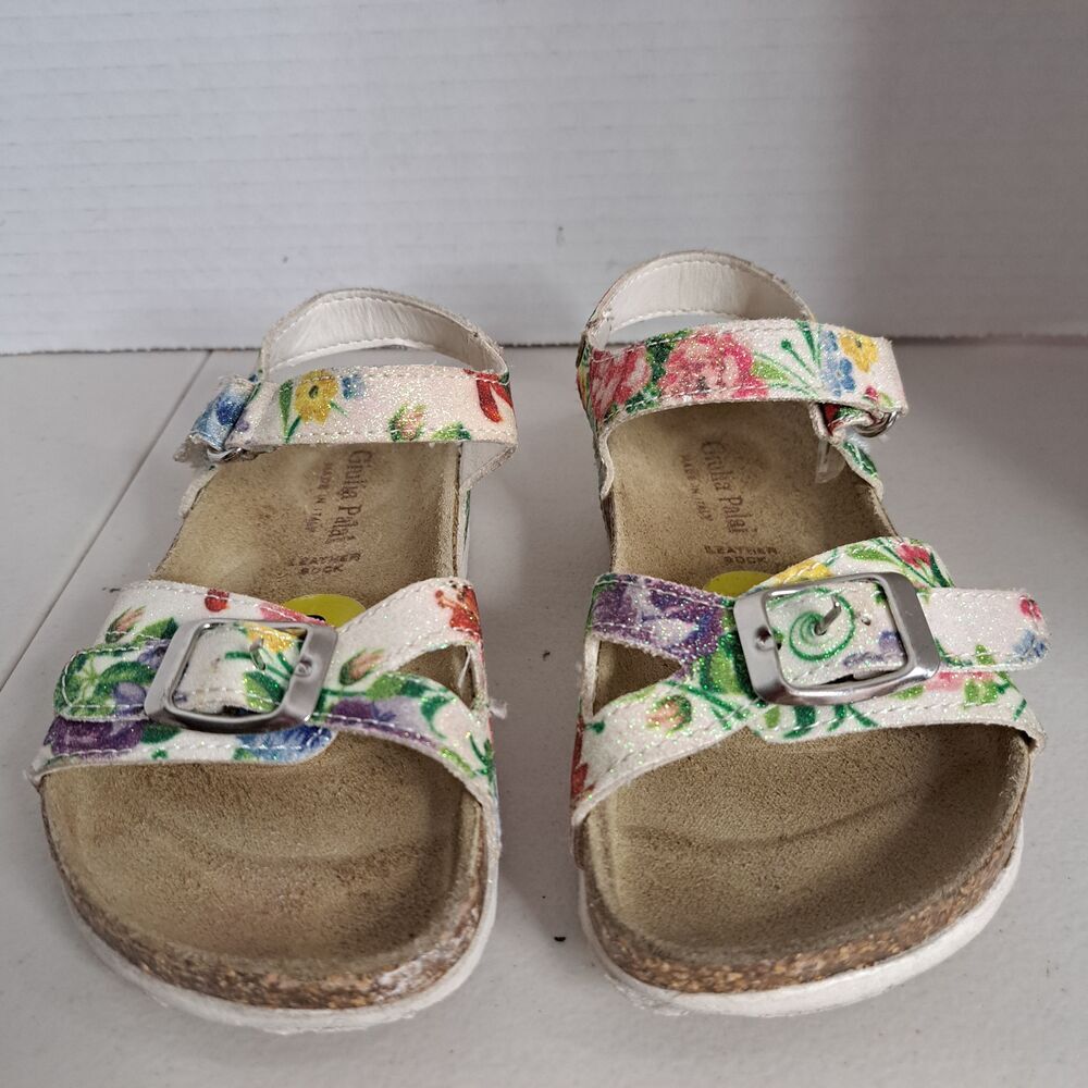 Giulia Palai Toddler Girl White Leather Floral Print Glittery Sandals Size 9